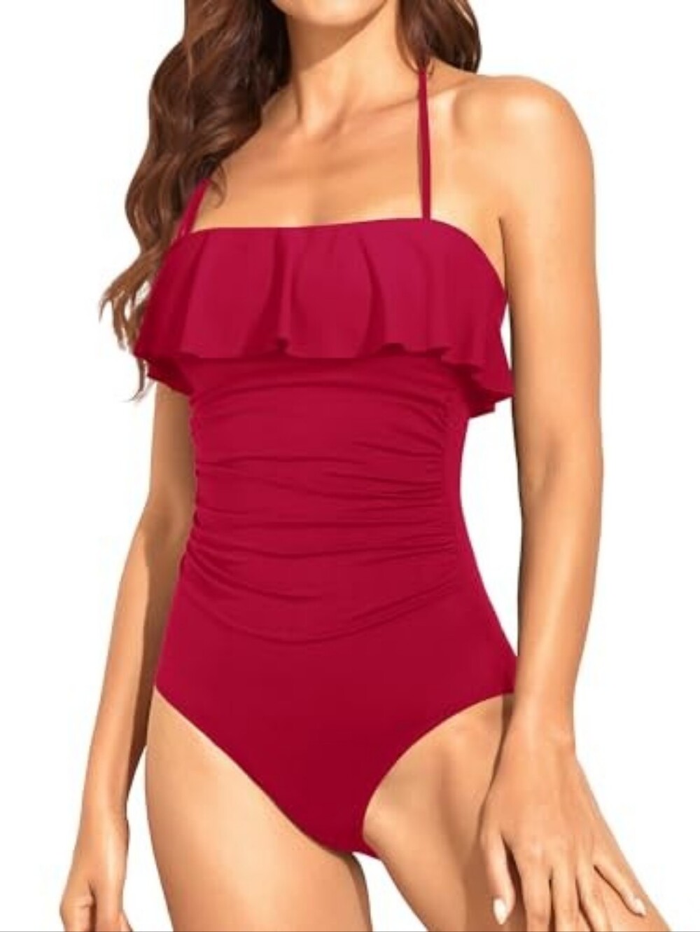 Holipick Red Ruffle Halter One-Piece Swimsuit